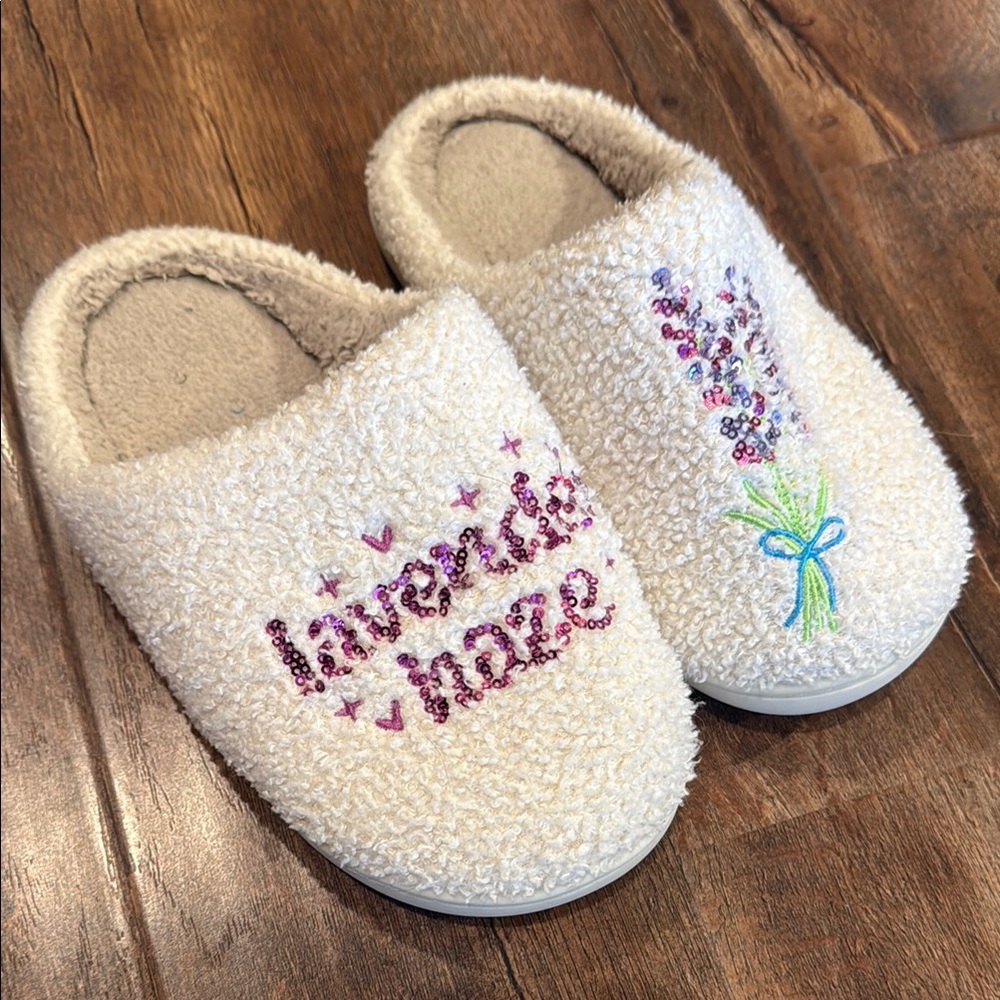 Swiftie Lavender Haze Cozy Cream Slippers with Lavender and Sequin Embroidery 7